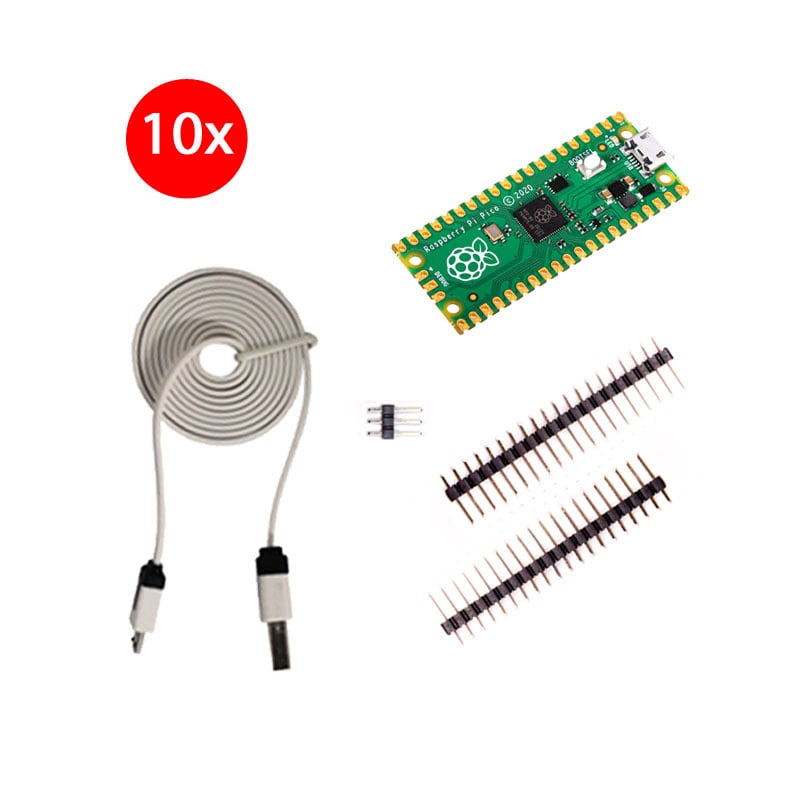 10 x Raspberry Pi® Pico, Headers & USB cable